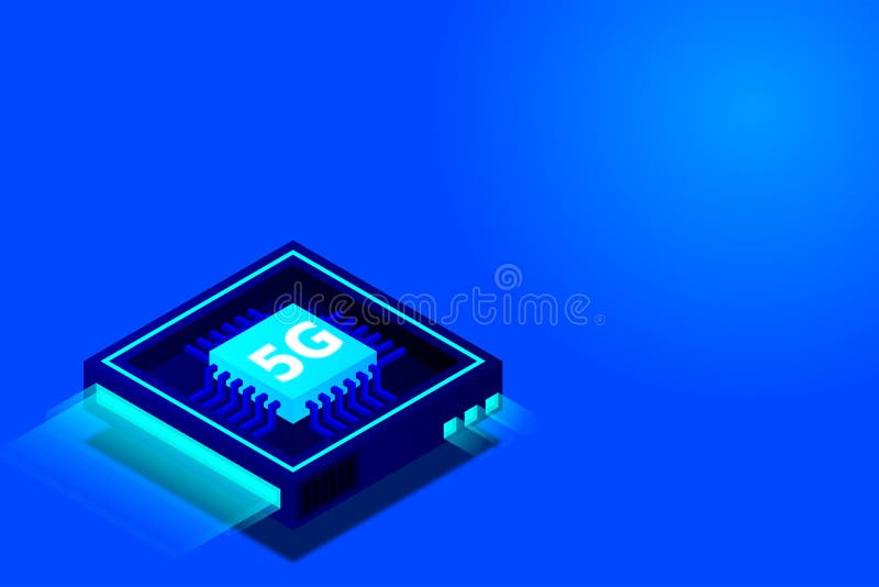 Bild på 5 g nätverksprocessor. nästa generations mobila trådlösa internet. isometrisk futuristisk mikroprocessor royaltyfri illustrationer