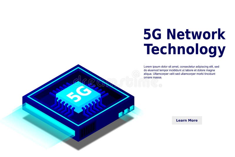 Bild på 5 g nätverksprocessor. nästa generations mobila trådlösa internet. isometrisk futuristisk mikroprocessor royaltyfri illustrationer