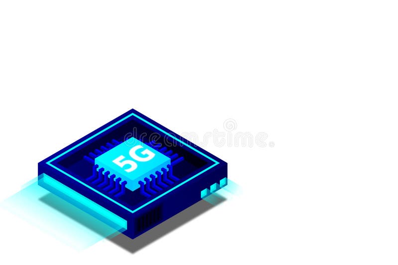 Bild på 5 g nätverksprocessor. nästa generations mobila trådlösa internet. isometrisk futuristisk mikroprocessor vektor illustrationer