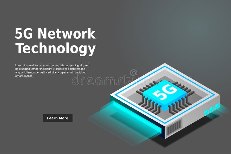 Bild på 5 g nätverksprocessor. nästa generations mobila trådlösa internet. isometrisk futuristisk mikroprocessor royaltyfri illustrationer