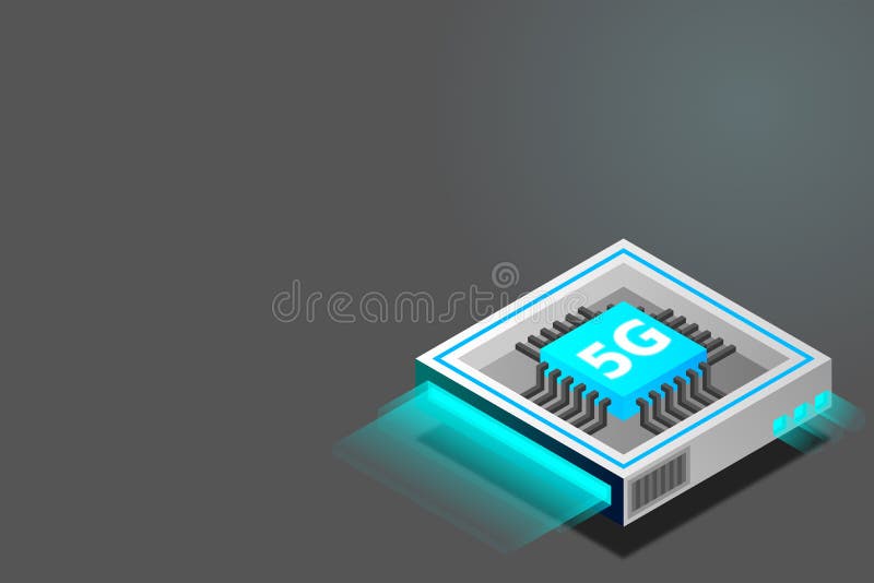 Bild på 5 g nätverksprocessor. nästa generations mobila trådlösa internet. isometrisk futuristisk mikroprocessor stock illustrationer