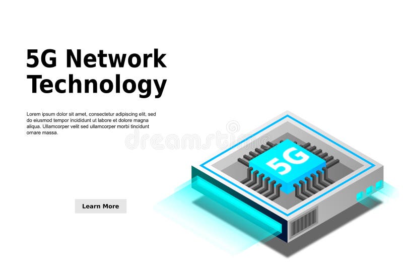 Bild på 5 g nätverksprocessor. nästa generations mobila trådlösa internet. isometrisk futuristisk mikroprocessor royaltyfri illustrationer