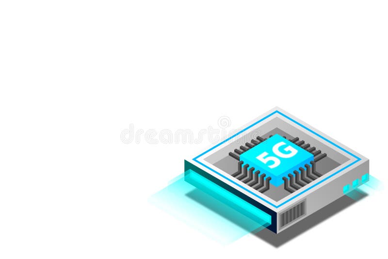 Bild på 5 g nätverksprocessor. nästa generations mobila trådlösa internet. isometrisk futuristisk mikroprocessor royaltyfri illustrationer