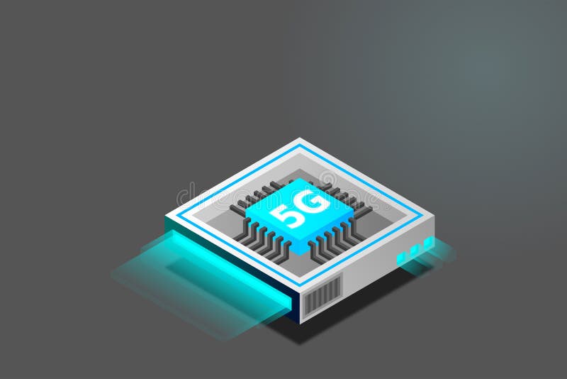 Bild på 5 g nätverksprocessor. nästa generations mobila trådlösa internet. isometrisk futuristisk mikroprocessor stock illustrationer