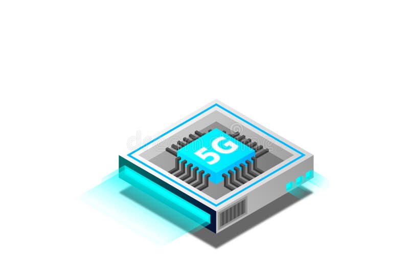 Bild på 5 g nätverksprocessor. nästa generations mobila trådlösa internet. isometrisk futuristisk mikroprocessor royaltyfri illustrationer