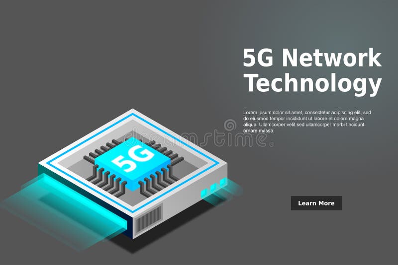 Bild på 5 g nätverksprocessor. nästa generations mobila trådlösa internet. isometrisk futuristisk mikroprocessor stock illustrationer