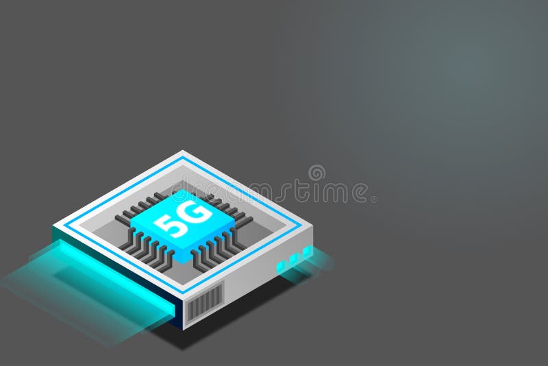 Bild på 5 g nätverksprocessor. nästa generations mobila trådlösa internet. isometrisk futuristisk mikroprocessor vektor illustrationer