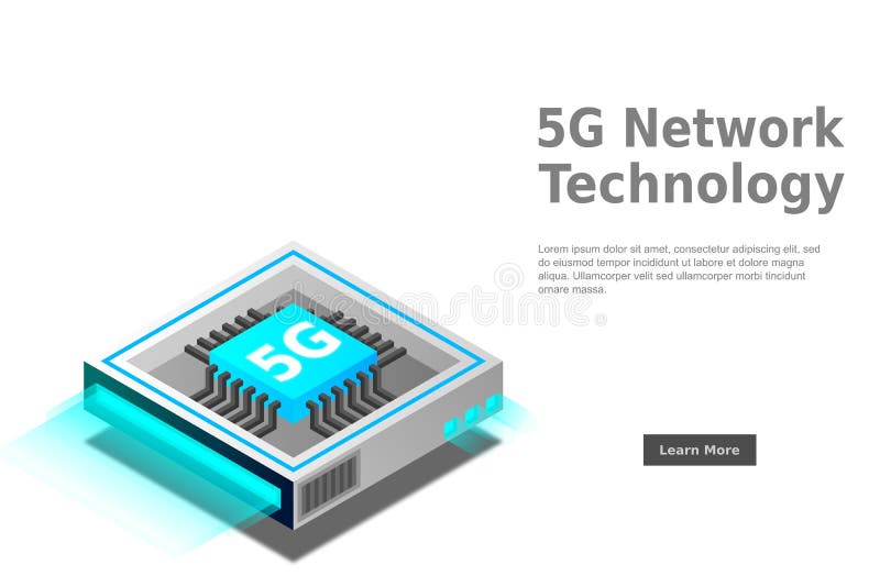 Bild på 5 g nätverksprocessor. nästa generations mobila trådlösa internet. isometrisk futuristisk mikroprocessor vektor illustrationer