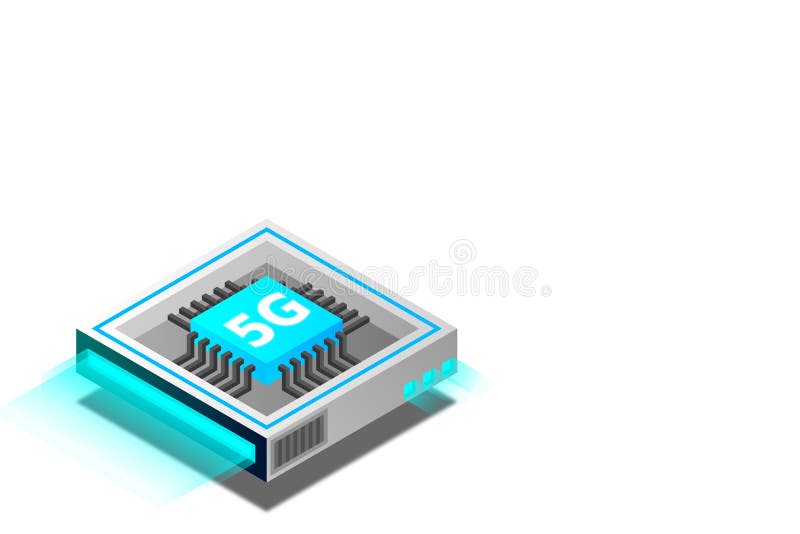 Bild på 5 g nätverksprocessor. nästa generations mobila trådlösa internet. isometrisk futuristisk mikroprocessor vektor illustrationer
