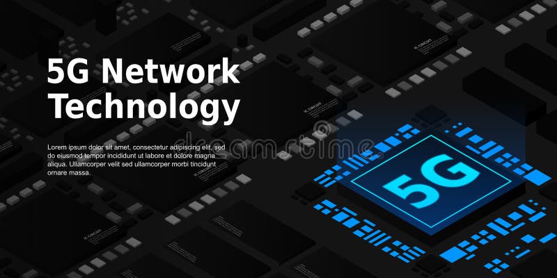 Bild på 5 g nätverksprocessor. nästa generations mobila trådlösa internet. isometrisk futuristisk mikroprocessor vektor illustrationer