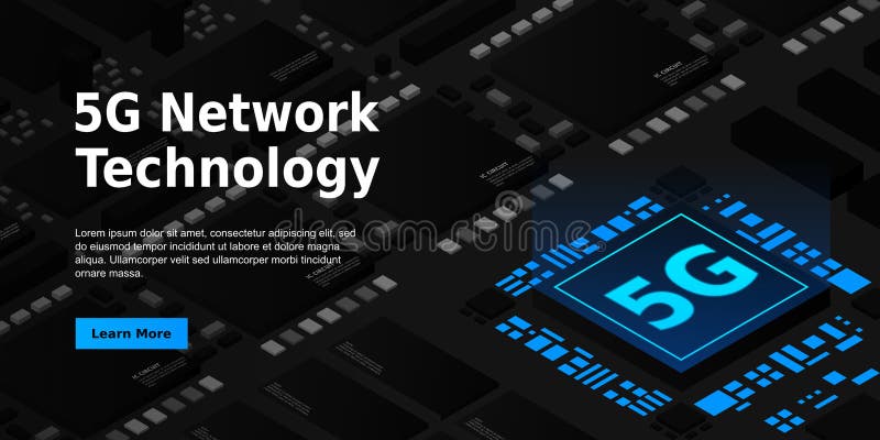 Bild på 5 g nätverksprocessor. nästa generations mobila trådlösa internet. isometrisk futuristisk mikroprocessor stock illustrationer