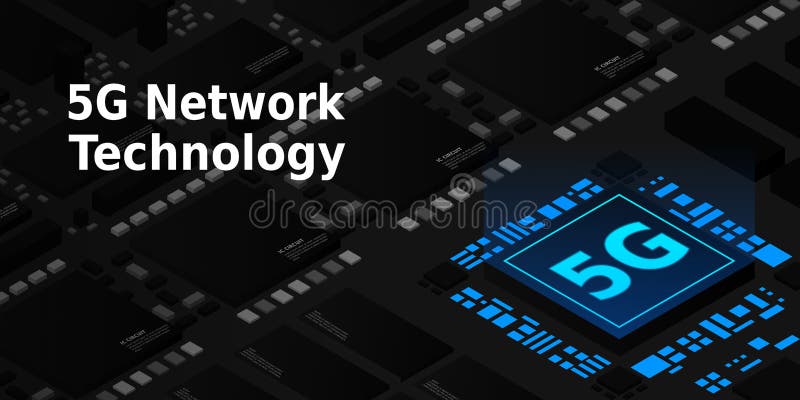 Bild på 5 g nätverksprocessor. nästa generations mobila trådlösa internet. isometrisk futuristisk mikroprocessor vektor illustrationer