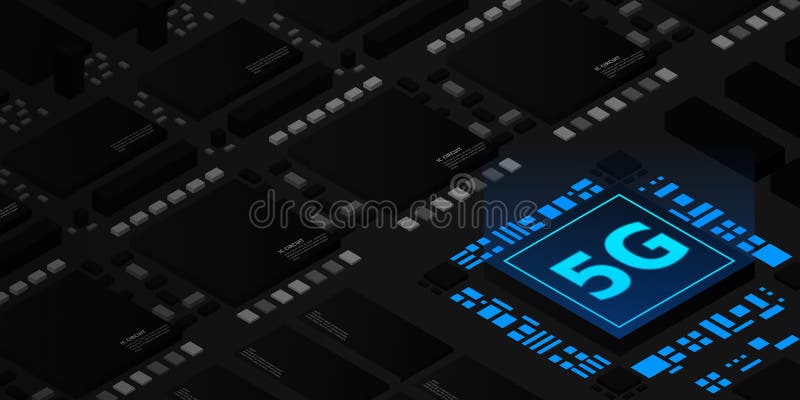 Bild på 5 g nätverksprocessor. nästa generations mobila trådlösa internet. isometrisk futuristisk mikroprocessor stock illustrationer