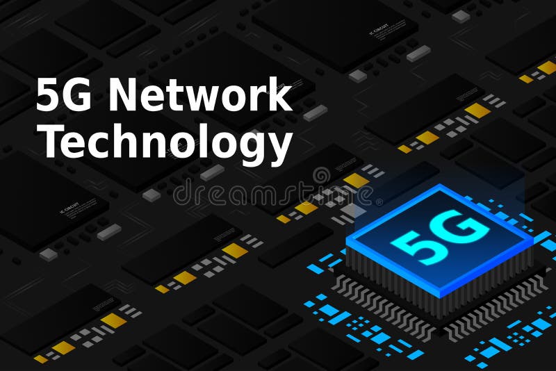 Bild på 5 g nätverksprocessor. nästa generations mobila trådlösa internet. isometrisk futuristisk mikroprocessor. mikrochipsljuk vektor illustrationer