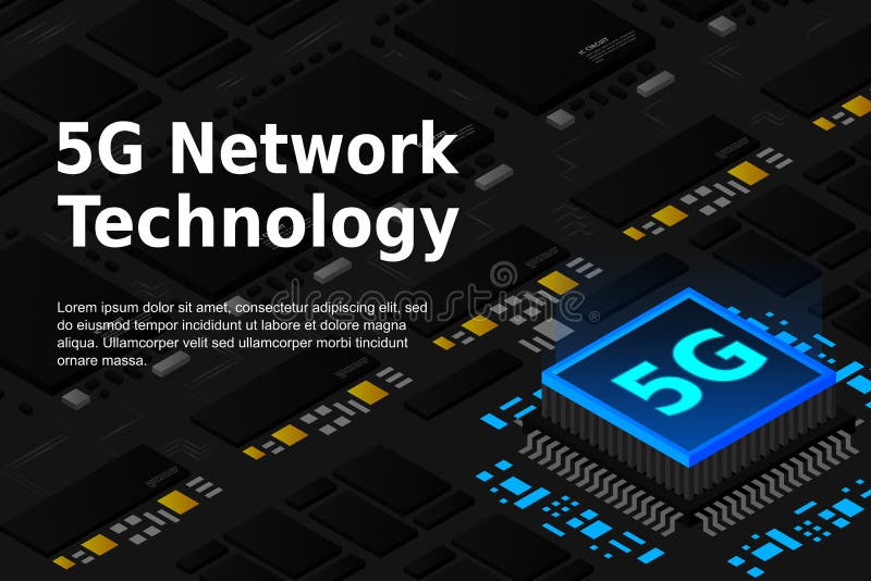 Bild på 5 g nätverksprocessor. nästa generations mobila trådlösa internet. isometrisk futuristisk mikroprocessor. mikrochipsljuk stock illustrationer