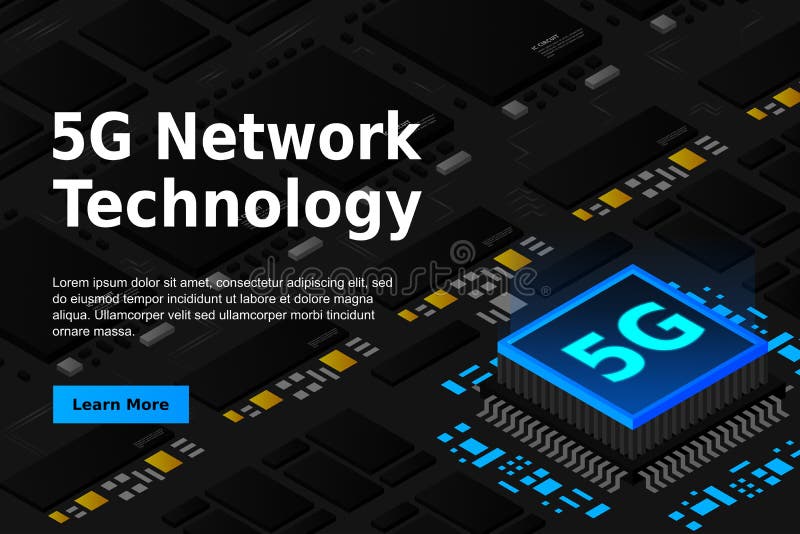 Bild på 5 g nätverksprocessor. nästa generations mobila trådlösa internet. isometrisk futuristisk mikroprocessor. mikrochipsljuk royaltyfri illustrationer