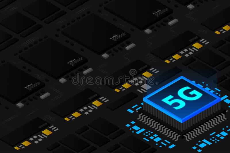 Bild på 5 g nätverksprocessor. nästa generations mobila trådlösa internet. isometrisk futuristisk mikroprocessor. mikrochipsljuk stock illustrationer