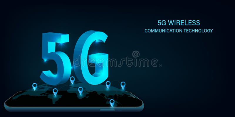 Bild på 5 g trådlös nätverksteknik. nästa generations mobila internet. Den isometriska futuristiska hitechsmartphone med stor royaltyfri illustrationer