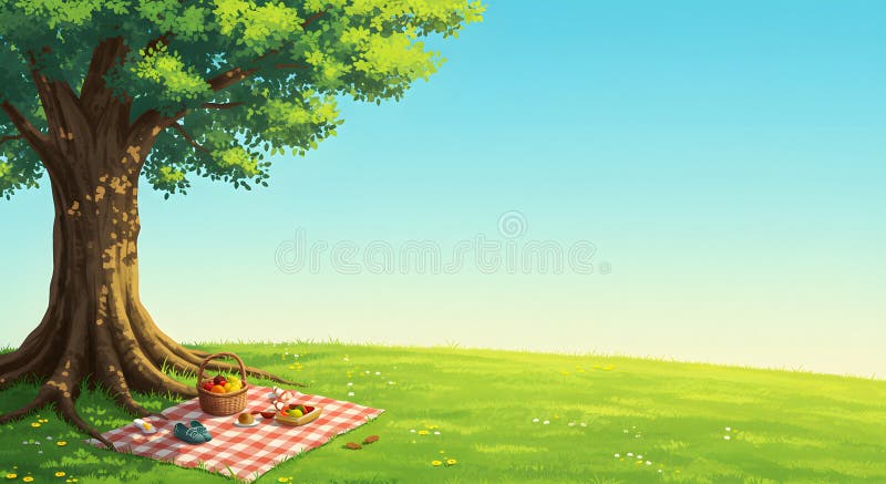 Bild på picknickscen med täckt filt i lush-träd och blå himmelbakgrund vektor illustrationer