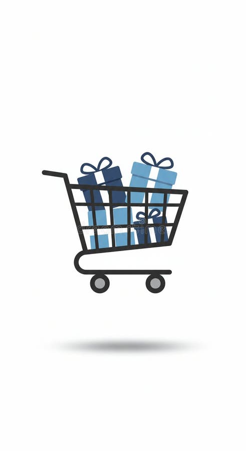 Bild på shoppingvagn med tre presentboxar. Kortet visas i svart kontur med stock illustrationer