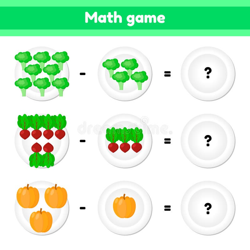 Bildande en matematisk lek Logikuppgift för barn subtraktion Grönsaker Broccoli beta, pumpa stock illustrationer Bildande en matematisk lek Logikuppgift för barn subtraktion Grönsaker Broccoli beta, pumpa stock illustrationer