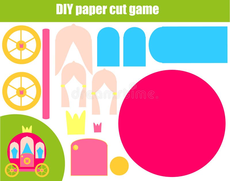 Bildande idérik lek för DIY-barn Pappers- bitande aktivitet Gör en prinsessavagn med lim och sax vektor illustrationer Bildande idérik lek för DIY-barn Pappers- bitande aktivitet Gör en prinsessavagn med lim och sax vektor illustrationer