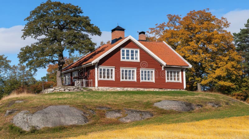 Bilden av ett rött hus på en kulle omgiven av höstlöv med ett gyllene fält i bakgrunden förkroppsligar en royaltyfria bilder