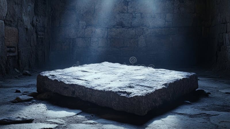 Bilden Ritual Slab skildrar en mystisk stenslab som ligger i en grotta av dålig belysning omgiven av arkivfoto