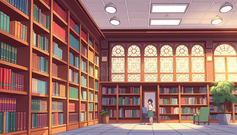 Bilden visar ett stort bibliotek med rader med bokhyllor fyllda med färgstarka volymer belysta med solljusets varma glöd. Bilden ger en bild av ett bibliotek fyllt med stora bokhyllor, inklädda med en omfattande samling böcker, en enda person i mitten som tittar på en bok och en grön armstol i det högra hörnet med en kröd växt bredvid den. t