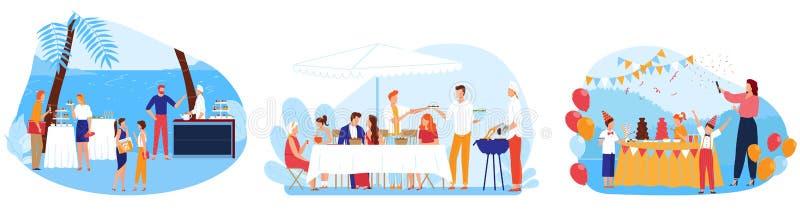 Bilder av matserveringsvektor för buffetmatning illustrerar kortvariga företagsbanketter i barn på restaurangbröllopspartier vektor illustrationer