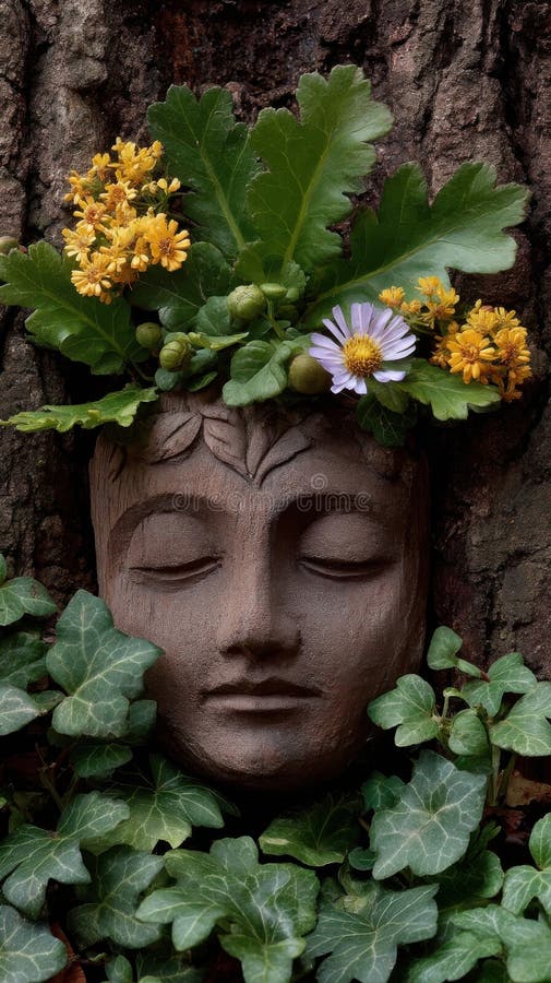 Bildhauerei aus Serenstein mit gelben Blumen und grünen Blättern, eingebettet in Baumrinde und Efeu. lizenzfreie stockfotos