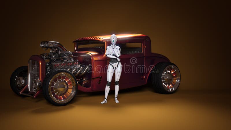 Bildroboter wirft mit dem Retro- Auto auf. Porträtphantasiebild mit künstlicher Intelligenz für Plakattapetenhintergrund. lizenzfreie abbildung