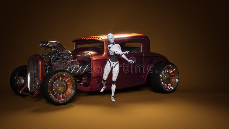Bildroboter wirft mit dem Retro- Auto auf. Porträtphantasiebild mit künstlicher Intelligenz für Plakattapetenhintergrund. stock abbildung