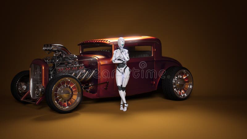 Bildroboter wirft mit dem Retro- Auto auf. Porträtphantasiebild mit künstlicher Intelligenz für Plakattapetenhintergrund. lizenzfreie abbildung
