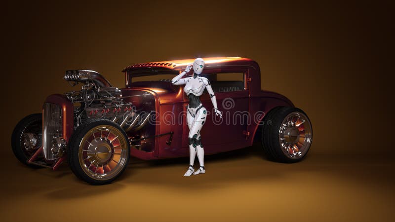 Bildroboter wirft mit dem Retro- Auto auf. Porträtphantasiebild mit künstlicher Intelligenz für Plakattapetenhintergrund. vektor abbildung