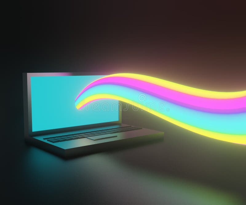 laptop screen with glowing rainbow 3d rendering in the black background. laptop screen with glowing rainbow 3d rendering in the black background