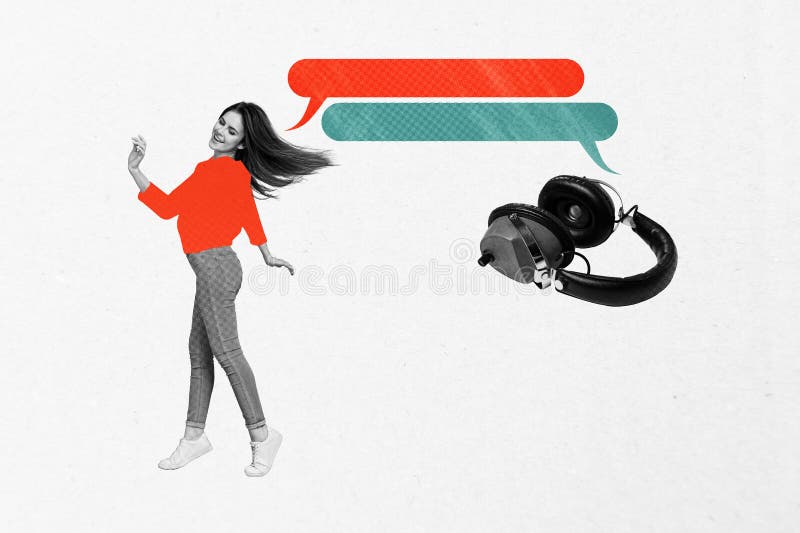 Bildssamtida fotokollage av glad flickdans kommunikationsikonuttryck Uttrycket dialog lyssna musik arkivbilder