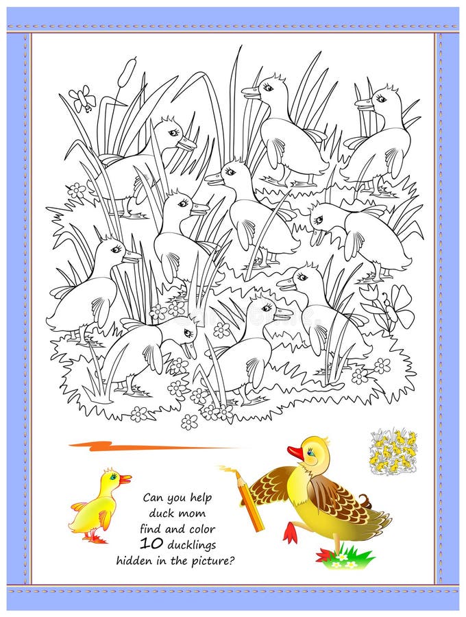 Bildungsseite für Kinder. Kannst du Mama helfen, 10 Enten zu finden und zu färben, die im Bild versteckt sind?? Farbbuch. I Spion lizenzfreie abbildung