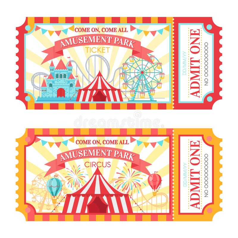 Amusement park ticket. Admit one circus admission tickets, family park attractions festival and amusing fairground. Amusing fair or circus carnival show ticket vector illustration set. Amusement park ticket. Admit one circus admission tickets, family park attractions festival and amusing fairground. Amusing fair or circus carnival show ticket vector illustration set