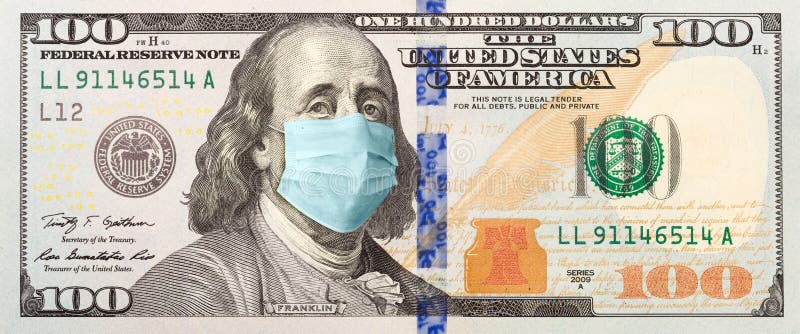 Full 100 Dollar Bill With Concerned Expression Wearing Medical Face Mask. Full 100 Dollar Bill With Concerned Expression Wearing Medical Face Mask.