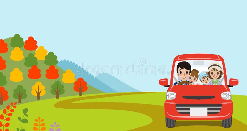 Bilkörning i höstnaturen, ung familj - främre sikt vektor illustrationer Bilkörning i höstnaturen, ung familj - främre sikt vektor illustrationer