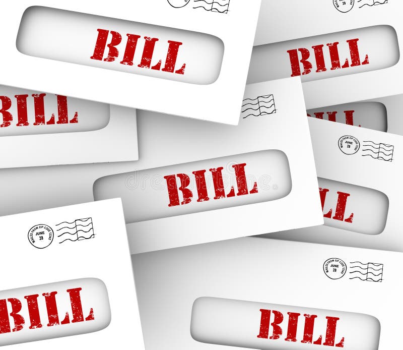 Bill word in the windows of may envelpes to illustrate a pile or stack of many overdue bills, invoices, payment notices and account balances that must be paid. Bill word in the windows of may envelpes to illustrate a pile or stack of many overdue bills, invoices, payment notices and account balances that must be paid