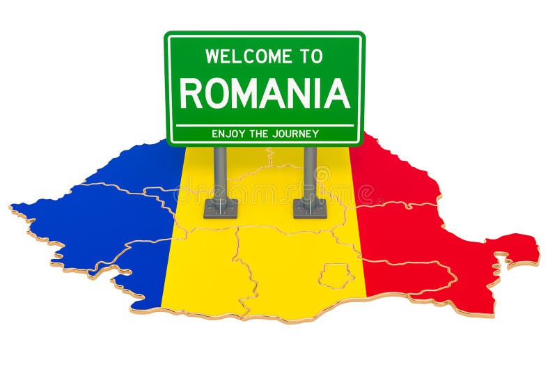Billboard Welcome to Romania on Romanian map, 3D rendering stock illustration