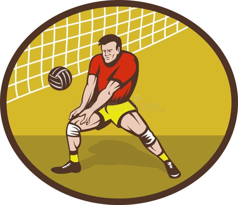 Illustration of a Volleyball player about to strike ball set inside an oval. Illustration of a Volleyball player about to strike ball set inside an oval