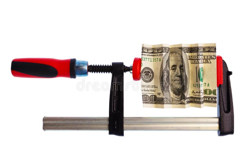 Financial or economic metaphor: dollar bill in clamp. Financial or economic metaphor: dollar bill in clamp