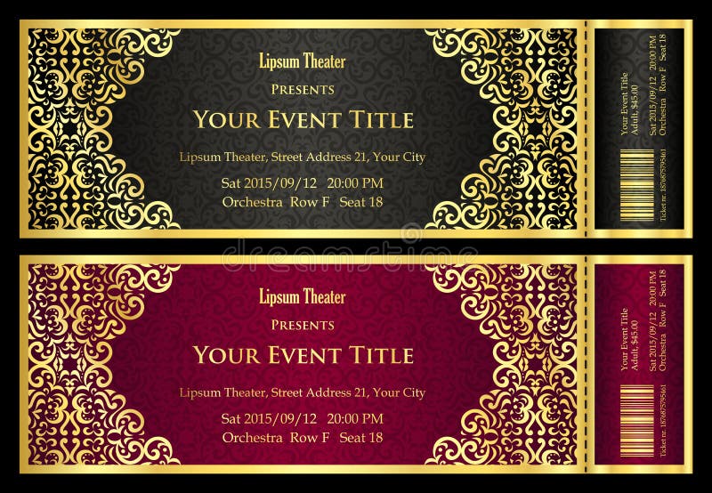 Billet de théâtre noir et rouge de luxe avec le modèle d'or de vintage illustration libre de droits Billet de théâtre noir et rouge de luxe avec le modèle d'or de vintage illustration libre de droits