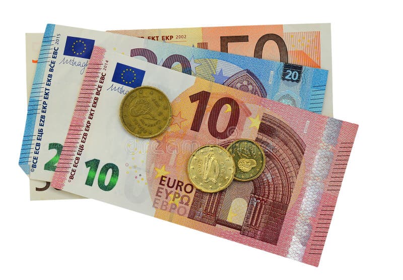 Billetes de banco y monedas euro Aislado con el fichero del png atado
