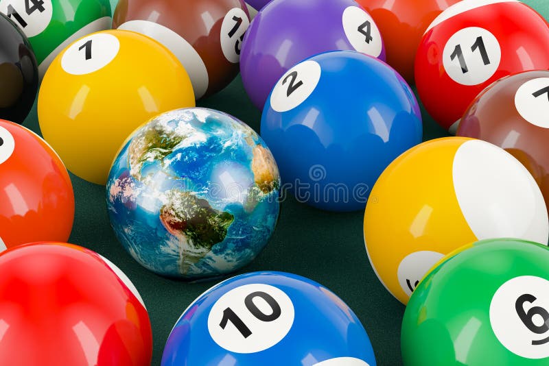 Billiard Balls with Earth Globe As Billiard Ball, 3D Rendering Stock