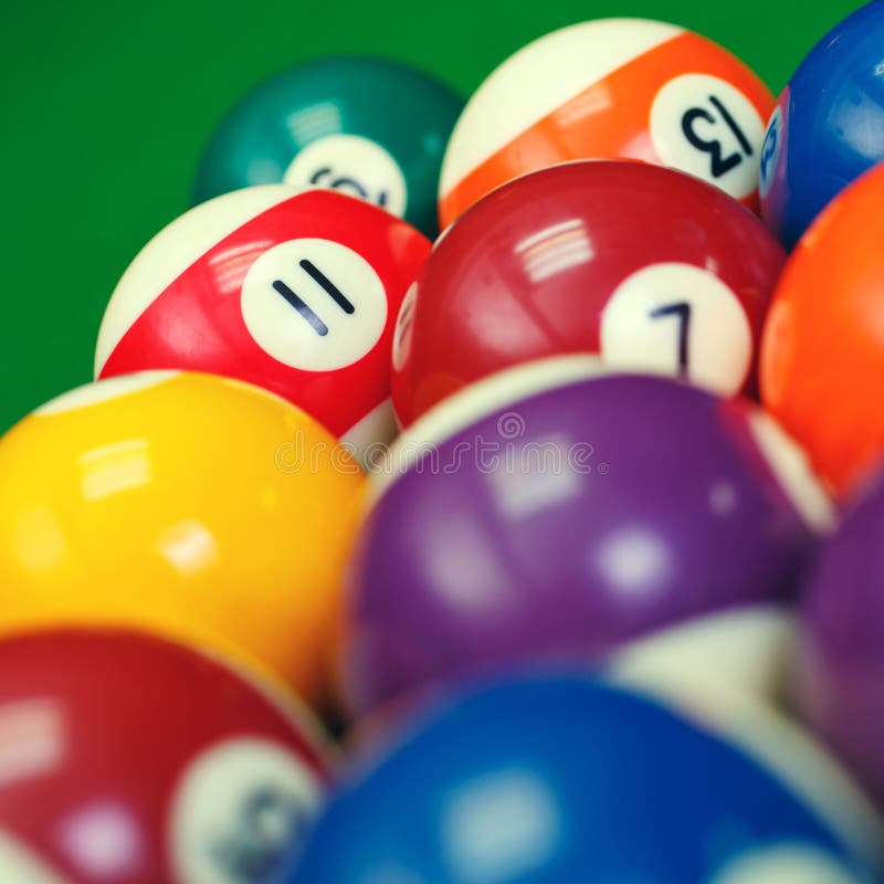 Billiard Balls on a Green Pool Table, Closeup Stock Image Image of