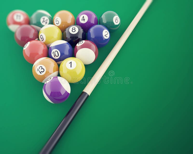 Billiard Balls on the Green Table, with Cue. 3d Illustration Stock